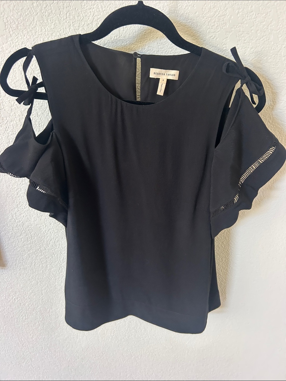 Rebecca Taylor Black Cold-Shoulder Tie-Sleeve Blouse